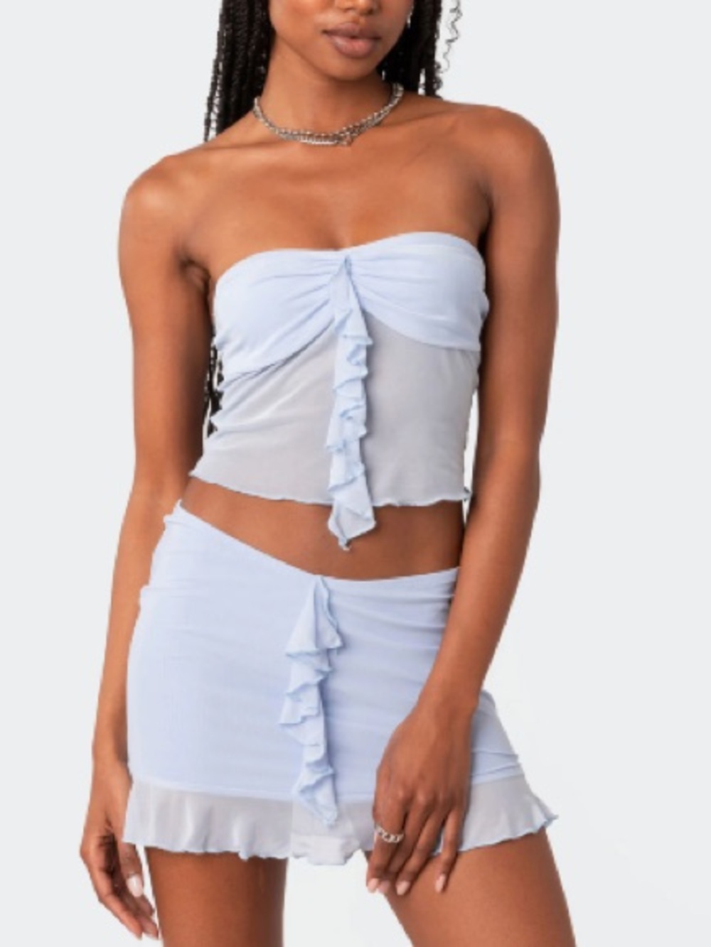 Edikted 2 piece Matching Set Mesh Ruffle Mini Skirt Tube Top